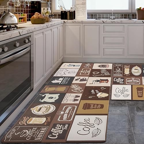 HOMELEPHANT Juego de 2 tapetes de cocina con temática de café, impermeables, antideslizantes, resistentes y cómodos para cocina, suelo, oficina,