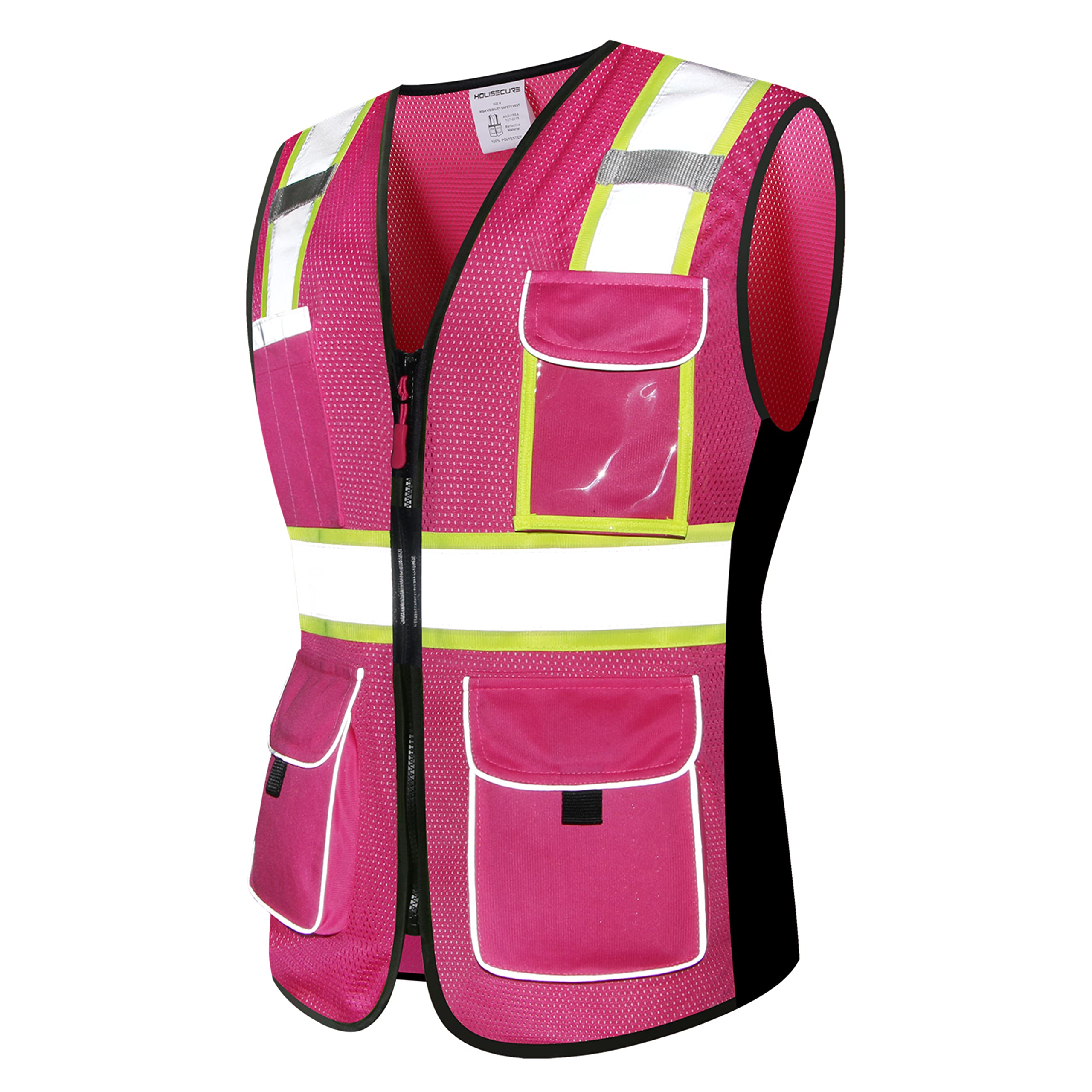 Chaleco de seguridad para mujer, reflectante de alta visibilidad con 9 bolsillos múltiples y cierre