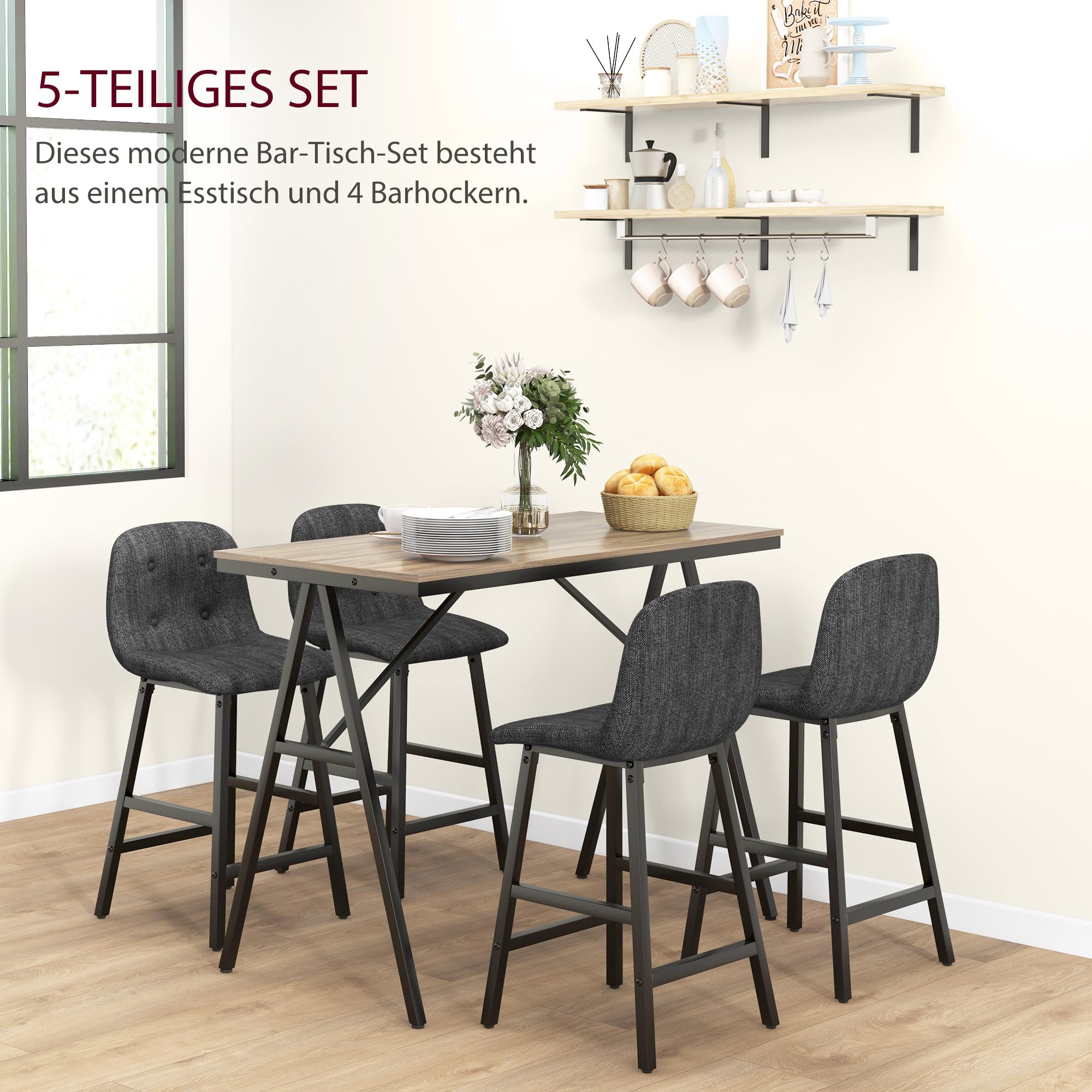 HOMCOM Bartisch Set Bartisch mit Barhocker-Set Esstisch mit 4 Stühlen mit Rückenlehne Küchentisch für Esszimmer, Küche, Dunkelgrau