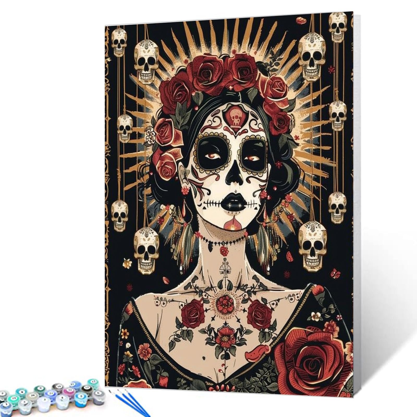 Halloween Strange Girl Paint by Numbers Kits for Adult Paint by Numbers Day of the Dead Skull Flowers Digital Oil Painting Kits on Canvas with Brushes and Acrylic Pigment DIY Framed 16x20 Inch