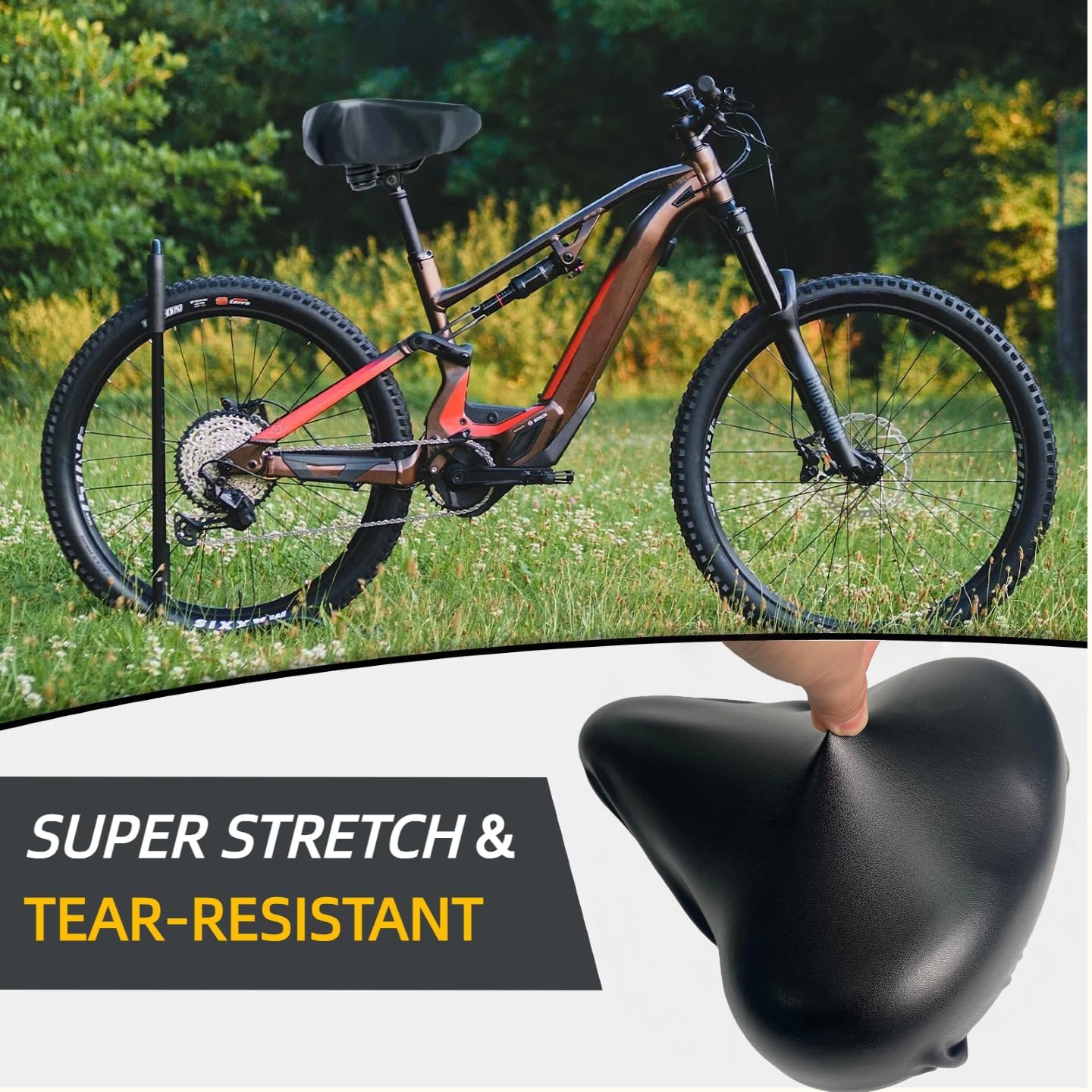 Stretch Bike Seat Cover Waterproof, PU Leather Bicycle Saddle Cover, Flexible Fit for Wide & Standard Bike Seats, All-Weather Protection, Black
