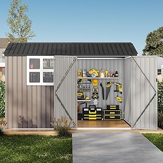 8x10 ft Outdoor Storage Shed, Metal Garden Tool Shed with Updated Frame Structure, Lockable Doors and Windows, Ideal for Backyard Garden Patio Lawn, Brown