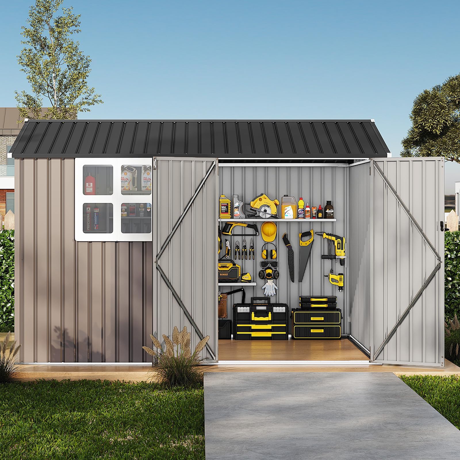 8x10 ft Outdoor Storage Shed, Metal Garden Tool Shed with Updated Frame Structure, Lockable Doors and Windows, Ideal for Backyard Garden Patio Lawn, Brown