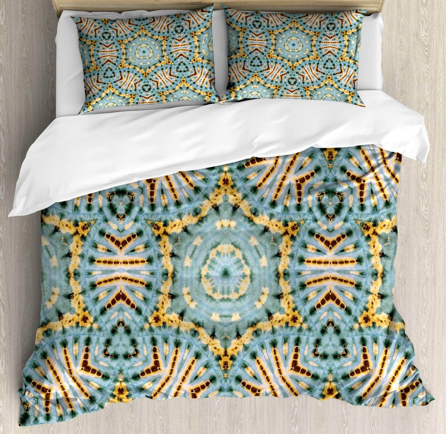 Ambesonne Boho Duvet Cover Set, Boho Pattern with Odd Geometric Triangles Shapes Oriental Art Print, Decorative 3 Piece Bedding Set with 2 Pillow Shams, Queen Size, Blue Yellow