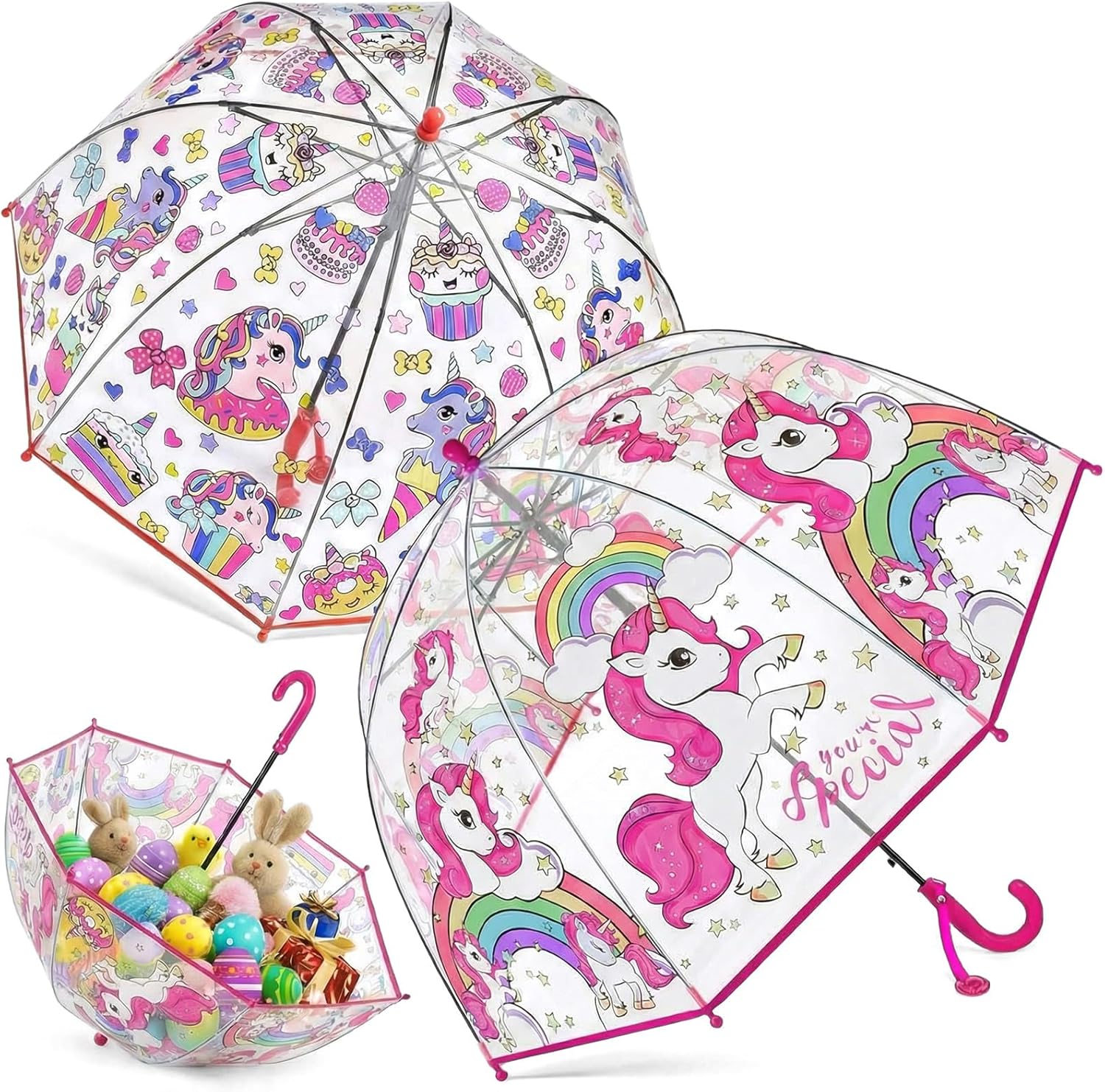 Fabbay 2 Pcs Kids Clear Bubble Umbrella with Easy Grip Curved Handle Transparent Bubble Umbrella for Toddler Girls