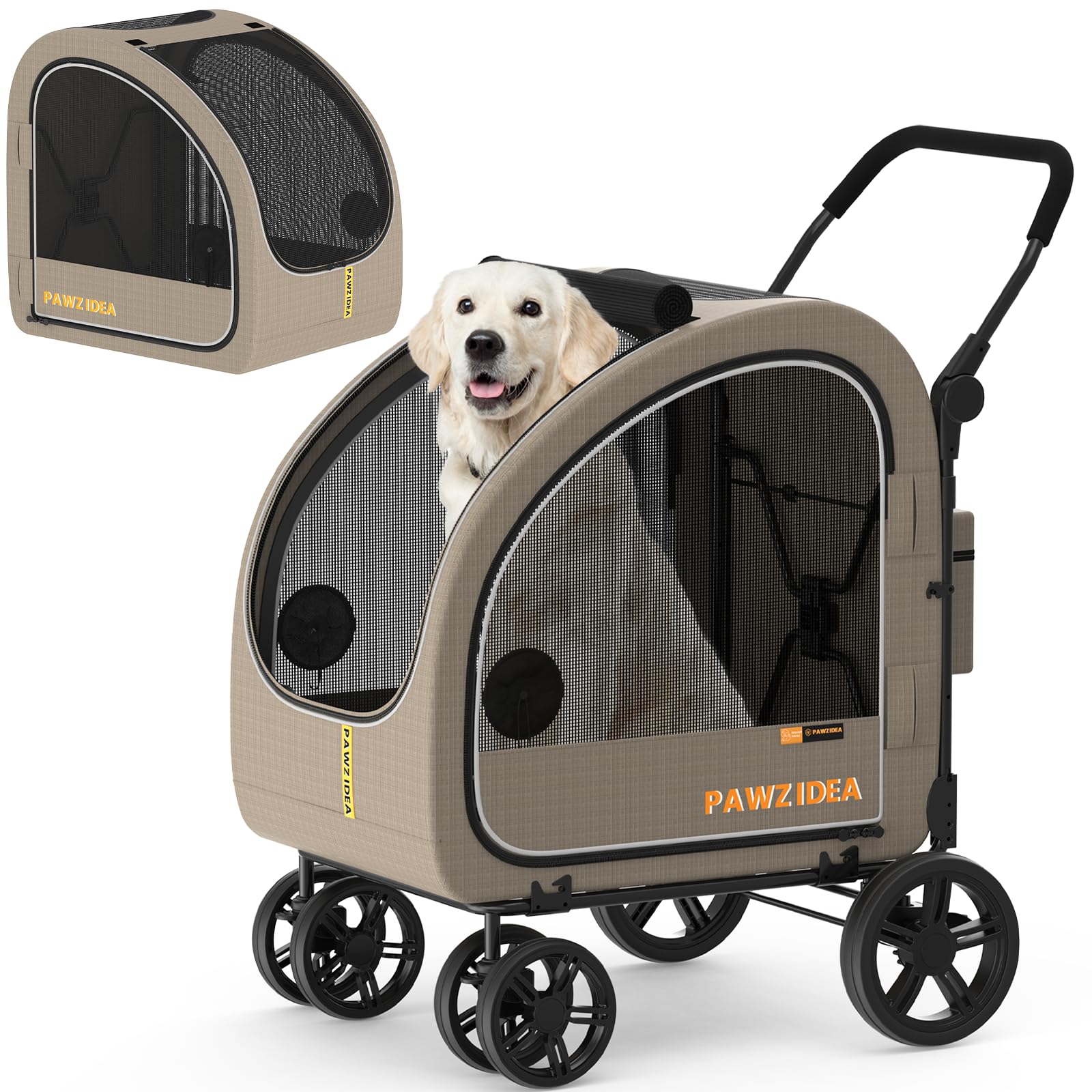 PAWZIDEA 3-in-1 Dog Stroller for Large Dogs with Detachable Carrier, 45% Extra Tall Dog Car Crate up to 45kg Sit Upright, Foldable Pet Stroller for 2 Medium Dogs All-Terrain Jogger, Adjustable Handle