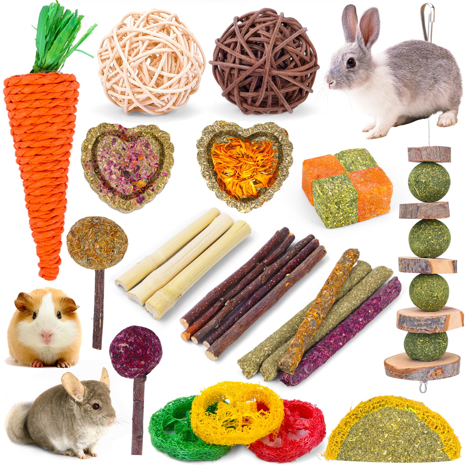 VESPRO Rabbit Bunny Toys for Rabbits Hamster Guinea Pig Toys Natural Timothy Hay Sticks Chew Treats and Balls for Rabbit, Chinchilla, Guinea Pig, Hamster, Bunny Teeth Care