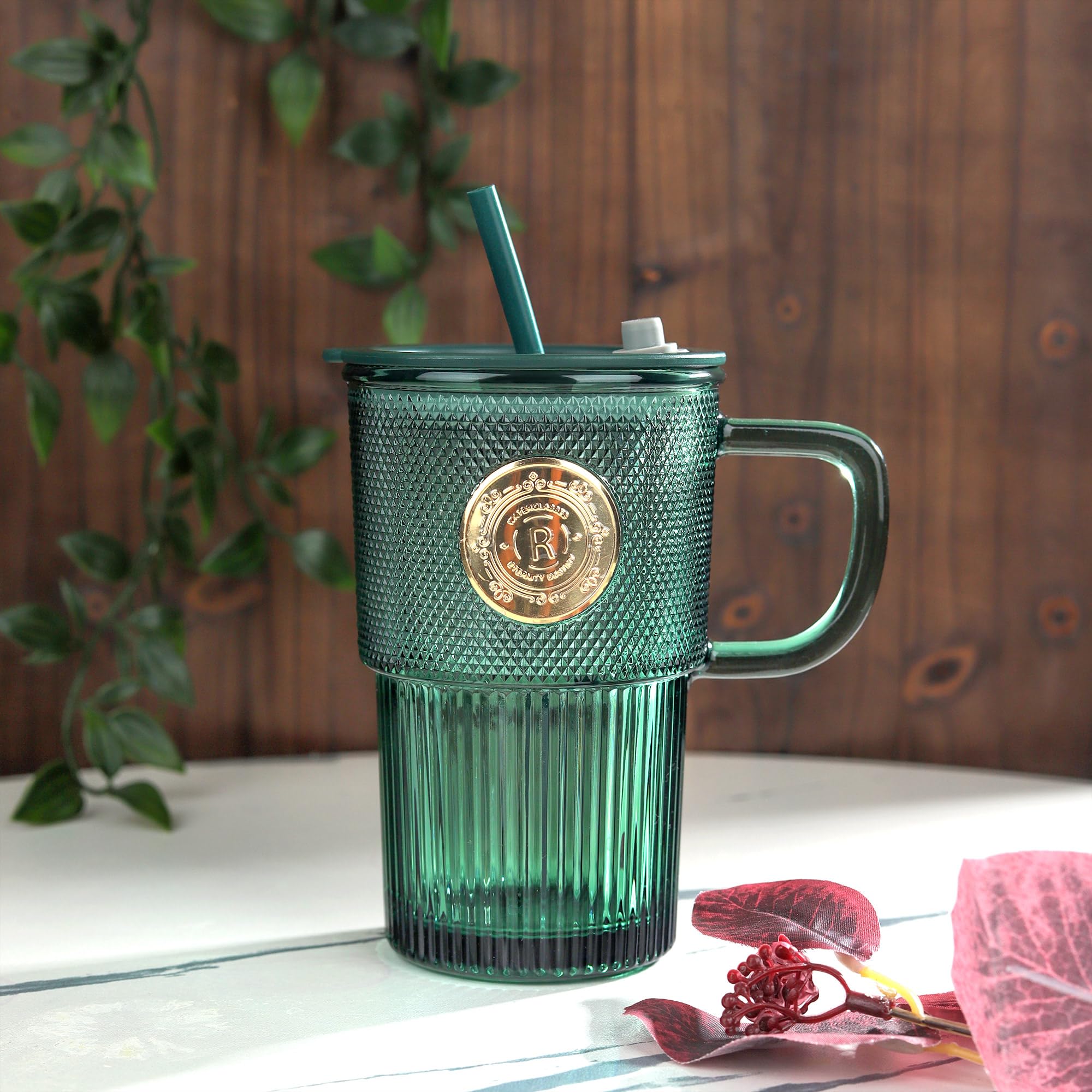 Joeyan 430ml Green Glass Tumbler with Straws and Lids, Glass Mug Iced Coffee Cup with Handle Set of 2 - Image 2