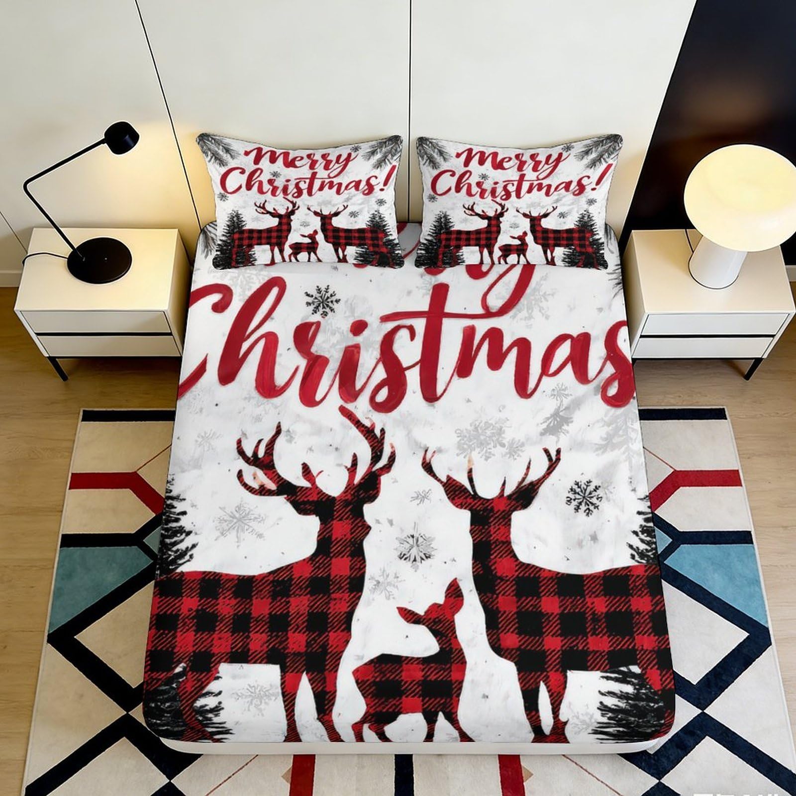 3D Printed Christmas Reindeer Fitted Sheet Microfiber Red Plaid Snowflake Bed Cover Non-slip Washable for Bedroom Guest Room 140x200x25cm