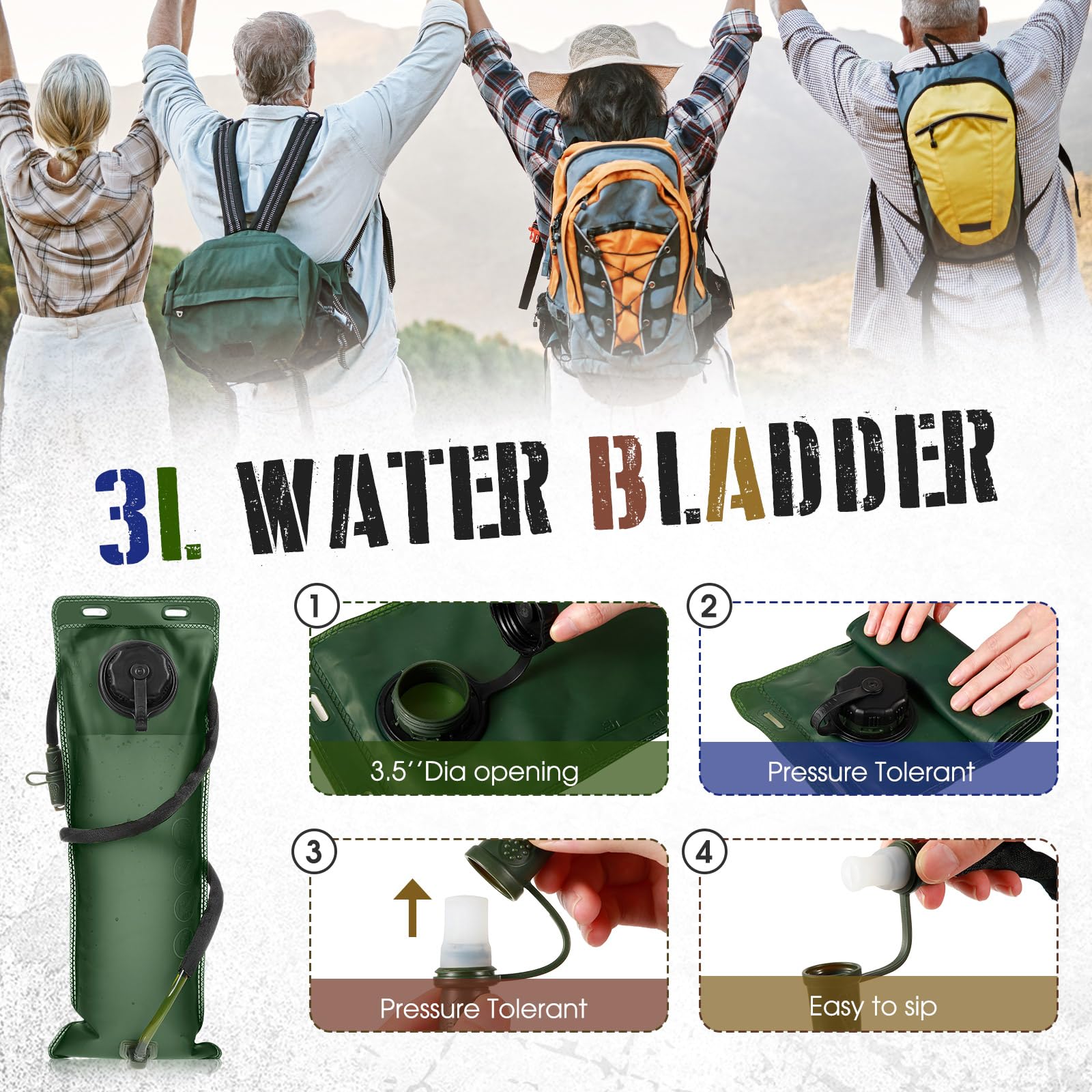Sanwuta Mochila táctica ligera de hidratación con bolsa de agua de 3 litros, mochila de hidratación de 17.72 x 7.87 pulgadas, mochila de agua, bolsa de hidratación para senderismo, correr (negro,