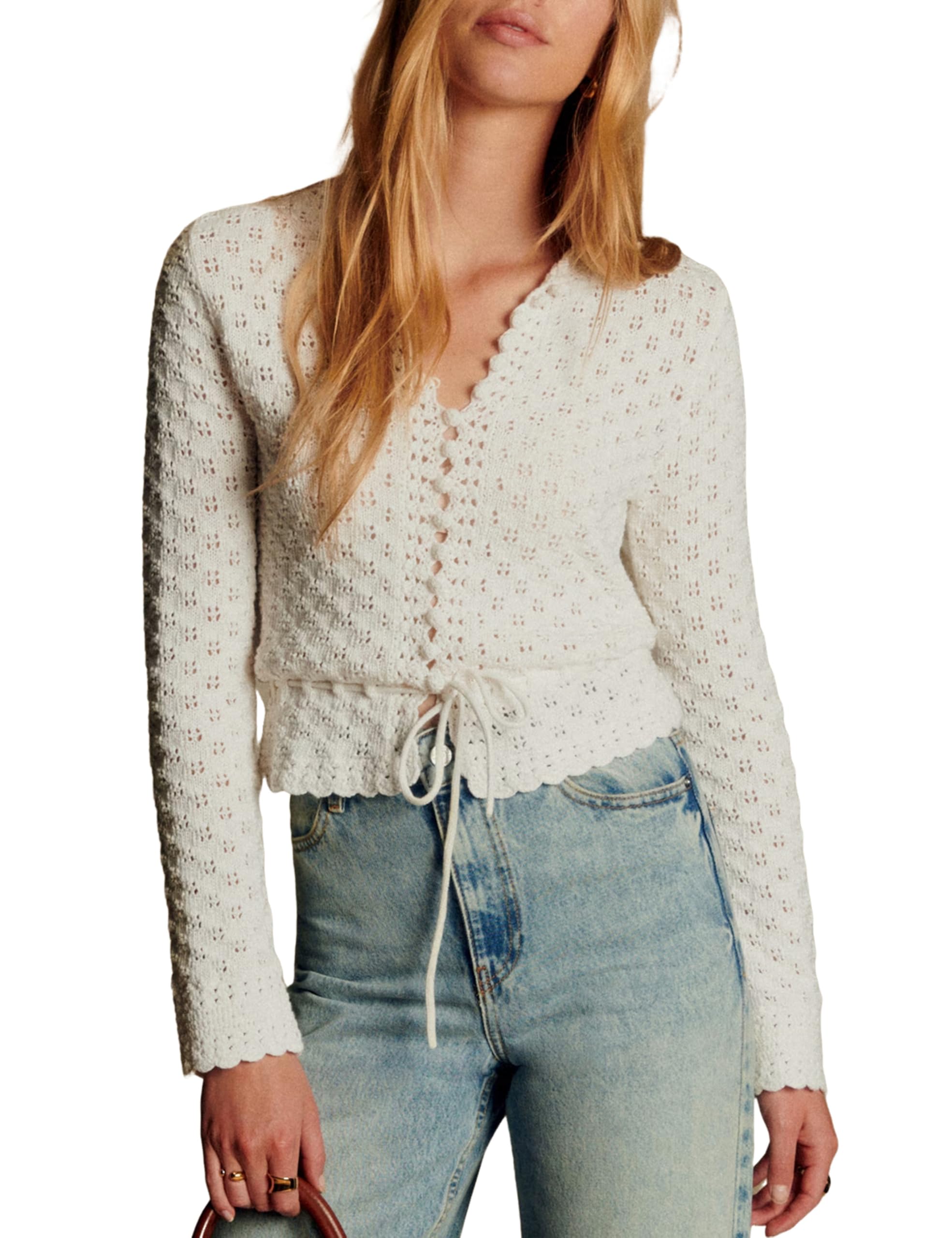 Bianstore Womens Casual Long Sleeve Crewneck Crochet Cardigan