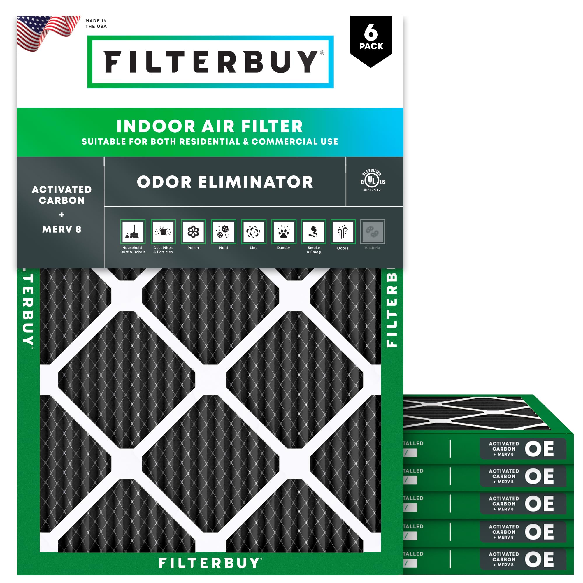 Filterbuy 16x20x1 Air Filter MERV 8 Odor Eliminator (6-Pack), Pleated HVAC AC Furnace Air Filters Replacement with Activated Carbon (Actual Size: 15.50 x 19.50 x 0.75 Inches)