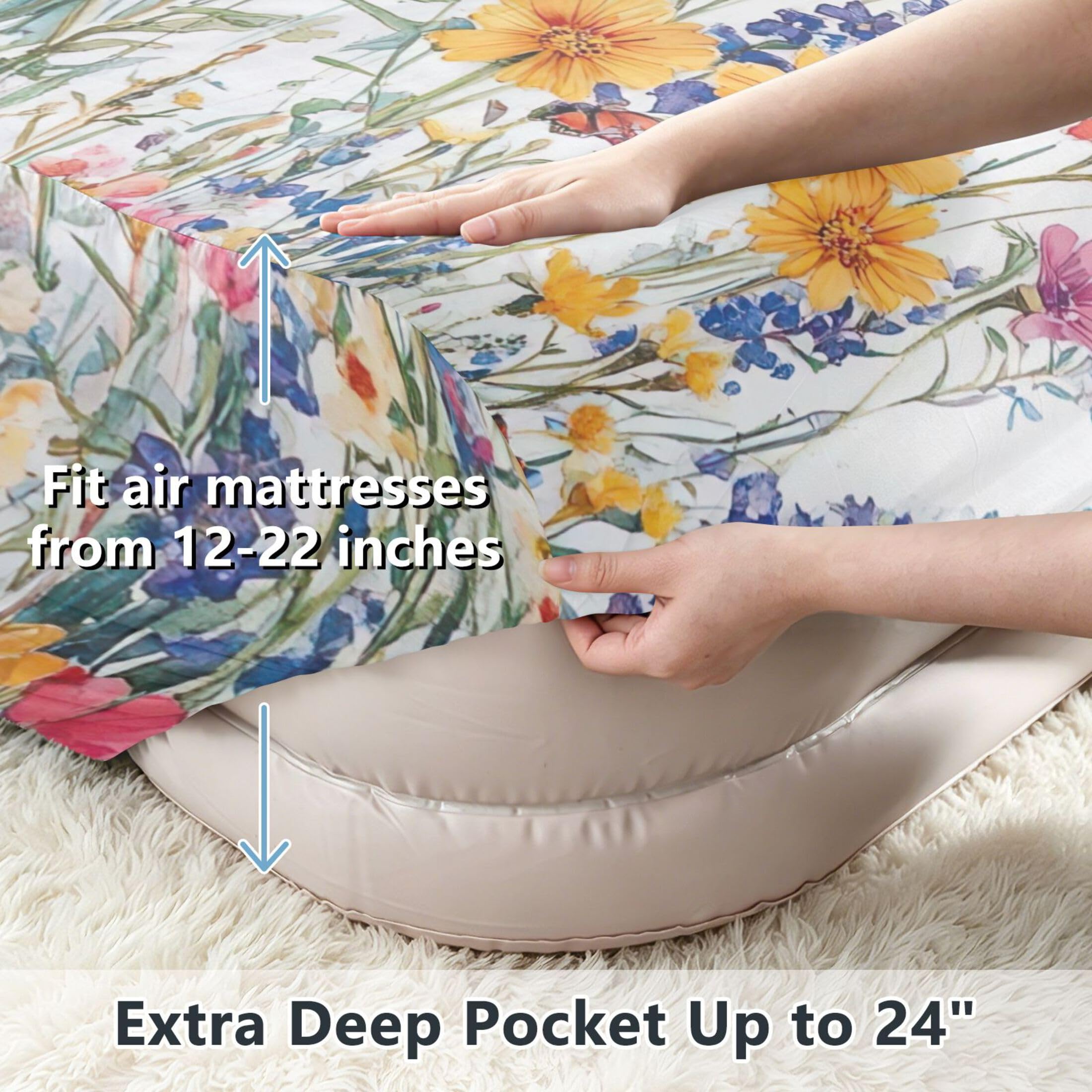 Vibrantes flores silvestres sábana bajera para colchón de aire, bolsillo extra profundo de 24 pulgadas, funda suave y transpirable con apertura de válvula de cremallera para cama de aire