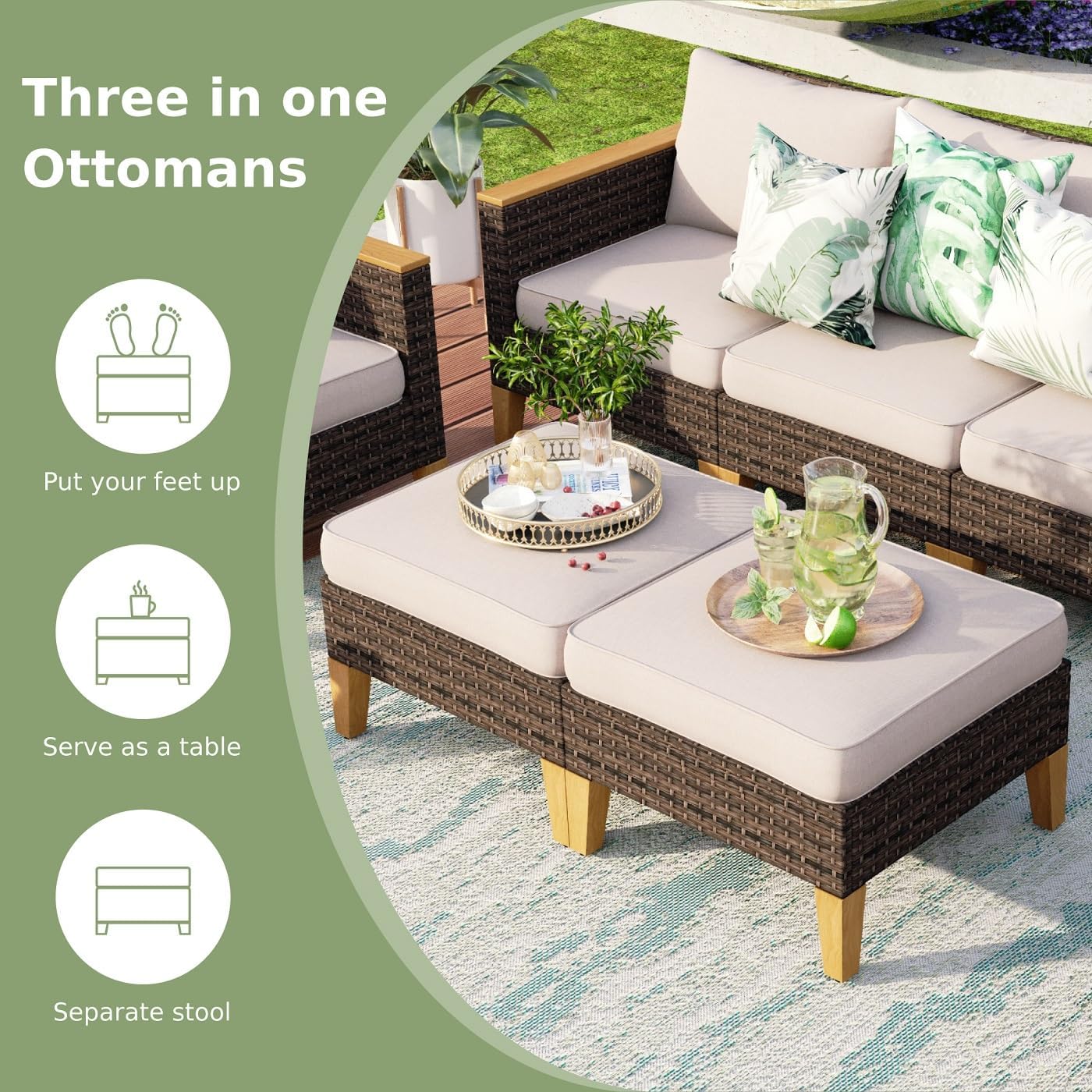 MFSTUDIO 8 Piece Wicker Patio Furniture Set, 4 Armless Sofa, 2 Ottoman, 2-Seat Loveseat, All-Weather Outdoor PE Rattan Patio Conversation Set Sectional Sofa for Garden, Backyard (Beige Cushions)