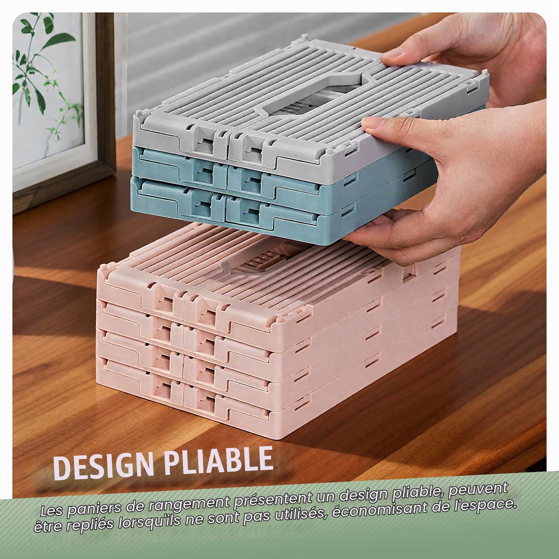 Lot de 2 boîtes de rangement pliables en plastique empilables pour la maison, la salle de classe, le bureau, la cuisine, la chambre à coucher (40 x 30 x 15,5 cm, gris)