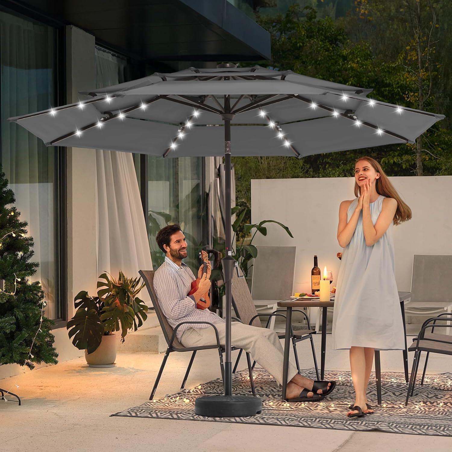 JEAREY 3 Tiers Patio Umbrella with Solar Lights 9ft Outdoor Market Table Umbrellas with Push Button Tilt for Outside Pool Garden, Gray