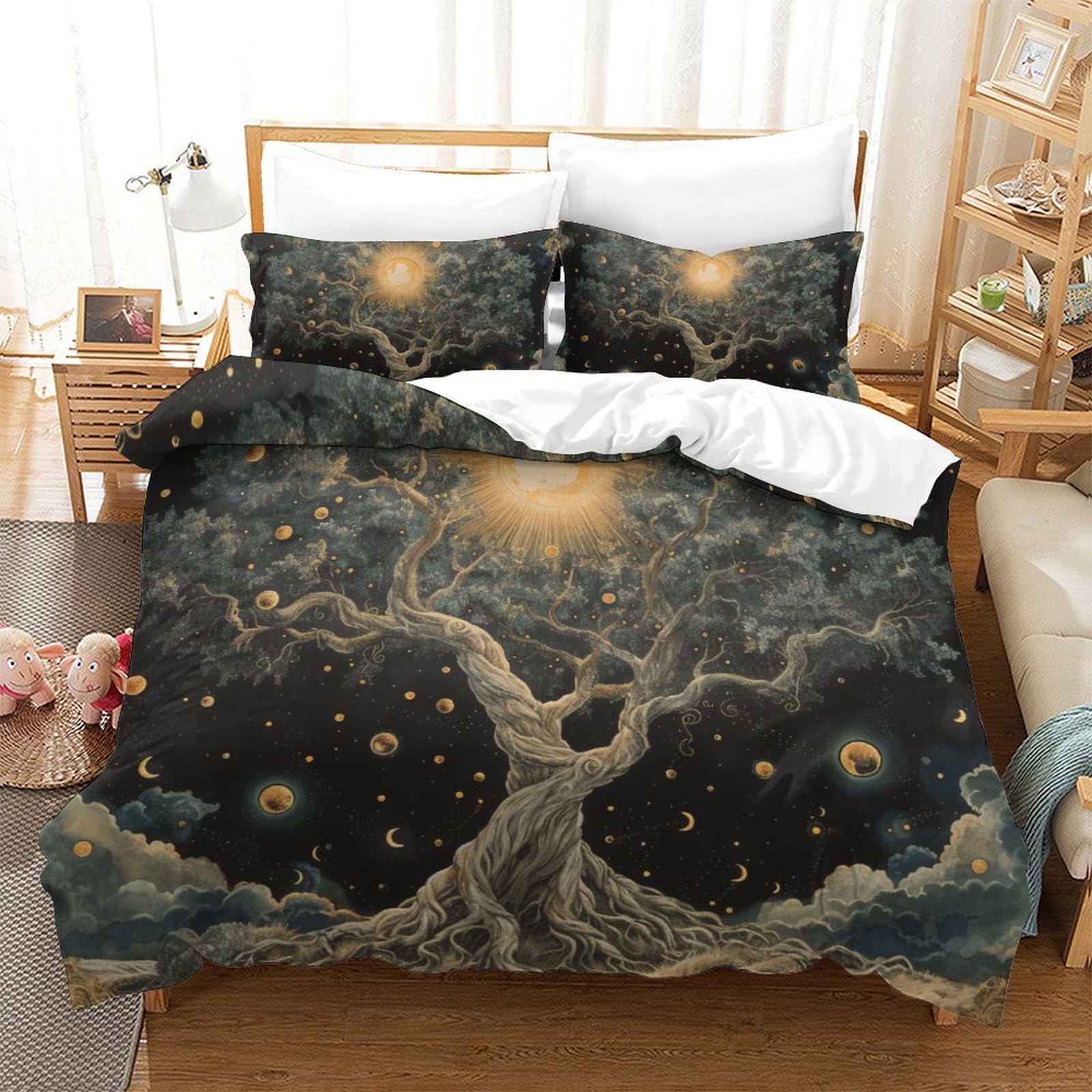 Housse de couette Arbre de Vie imprimé 3D parure de lit 3 pièces microfibre zippée 260x220