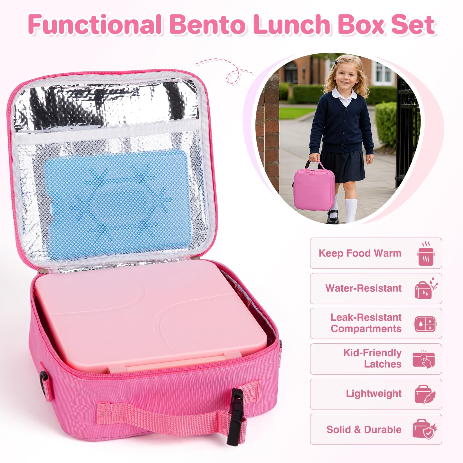 Bento-Lunchbox mit 237 ml Suppen-Thermo, auslaufsichere Lunch-Lebensmittelbehälter für Kinder mit 4 Fächern, Thermo-isoliertes Glas für heiße Lebensmittel und Lunchtasche für die Schule, Trvael-Pink