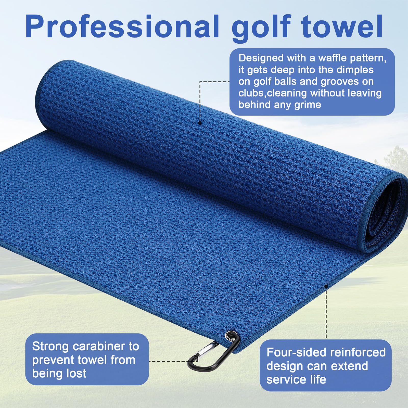 Paquete de 3 toallas de golf de microfibra, con patrón de gofre, para bolsas de golf para hombres (16 x 16 pulgadas) con clip de mosquetón (gris, azul, negro)