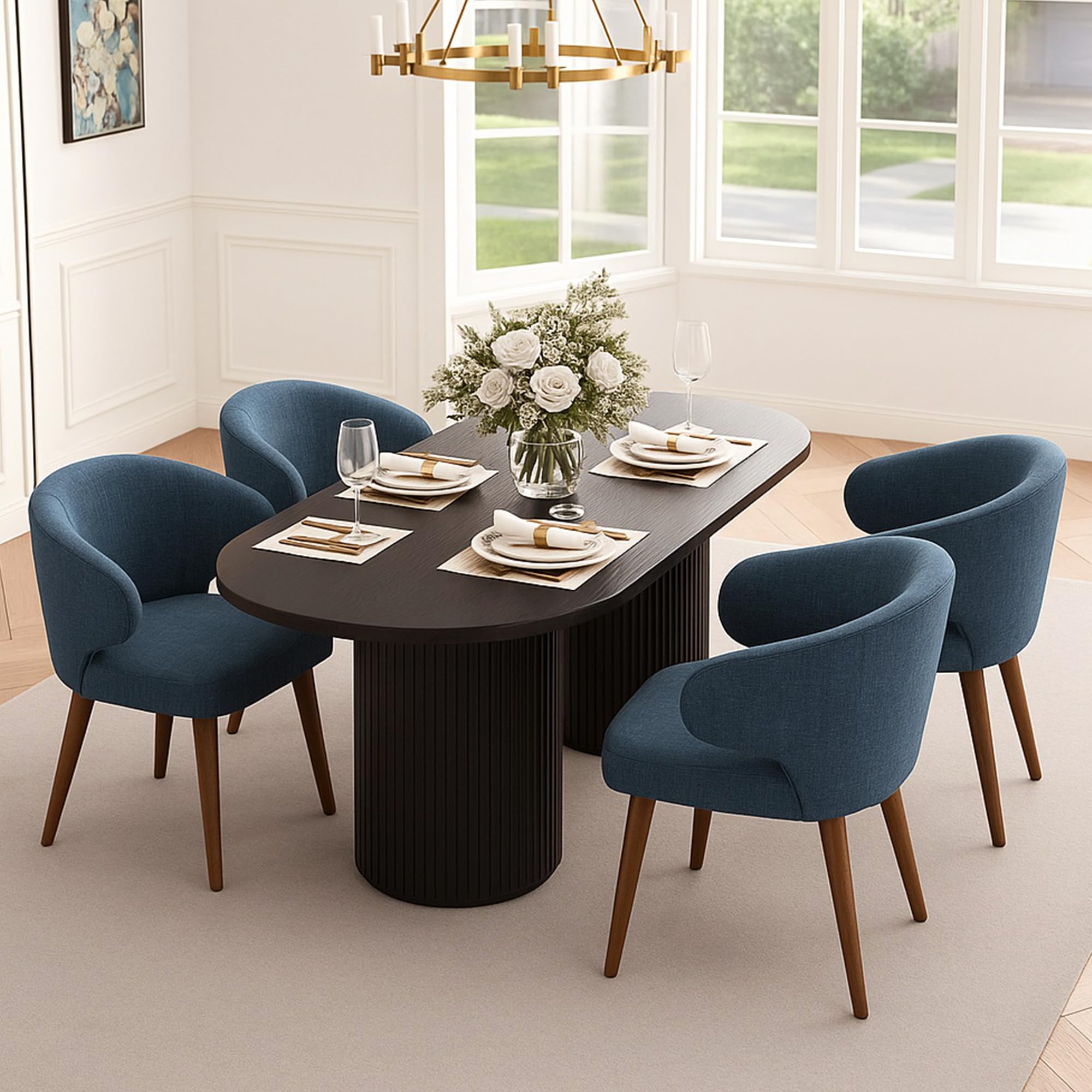 HNY Mid Century Modern Dining Chairs Set of 4, Upholstered Curved Wingback Accent Arm Chairs, Linen Side Chairs with Solid Wood Legs, Navy Blue