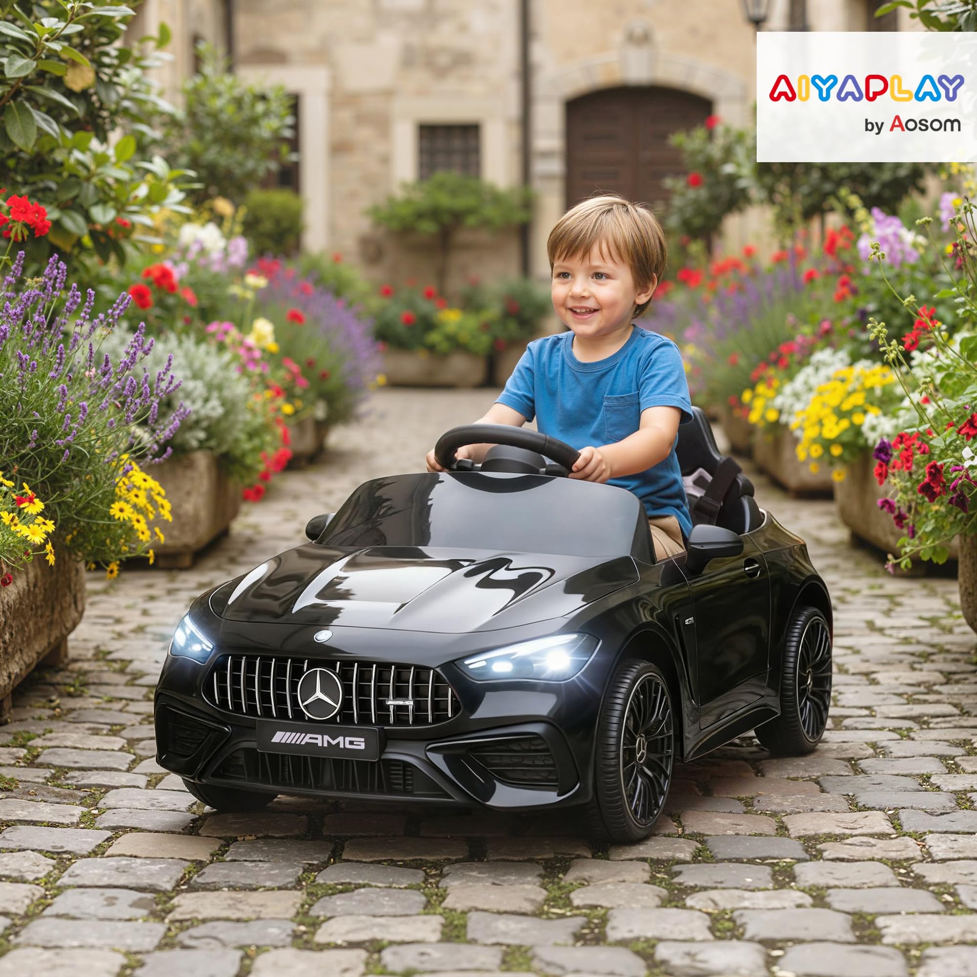 AIYAPLAY Elektryczny Samochód dla Dzieci 12V z Pilotem 2,4 GHz, 2 Silniki, Pojazd dla Dzieci z Muzyką, MP3, Łagodnym Startem/Stopem, Klaksonem, Zawieszeniem, Światłami LED, Kołami Pomocniczymi, dla