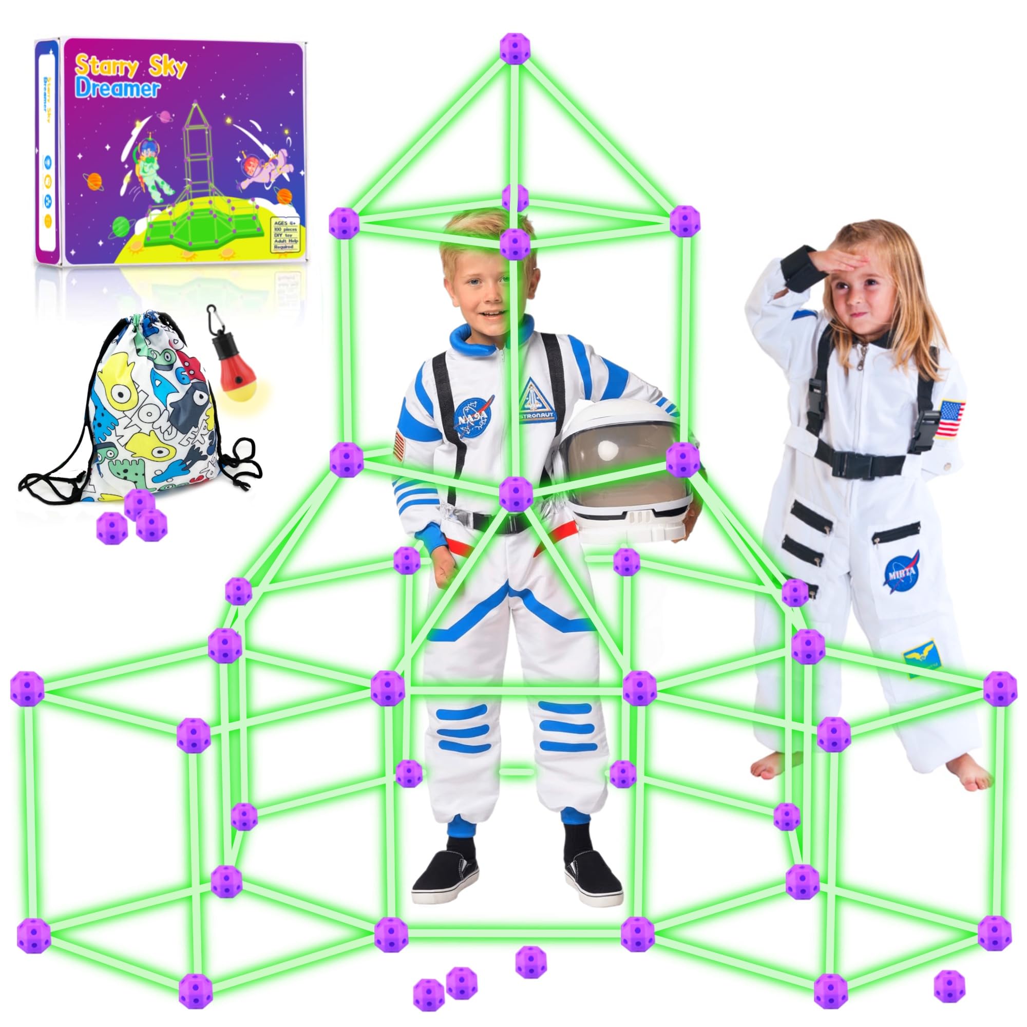 BERYLED 100 Pcs Kit construccion - Brilla en la Oscuridad, Fuerte Niños de 3 a 13 años, Castillos Tuneles Creativos, Tienda De Juegos y De Campaña para Interiores y Exteriores, Fortaleza De Bricolaje