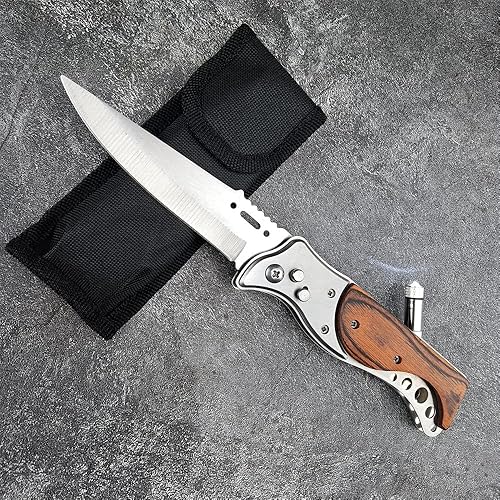 Miniatura 2 de Cuchillos plegables de apertura asistida de 9.5 pulgadas con linterna, mango de madera, cuchillo de bolsillo seguro de velocidad, táctico al aire