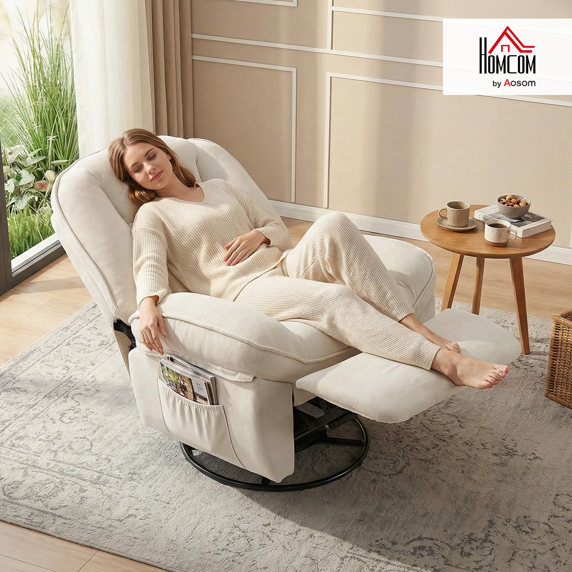 HOMCOM Fauteuil inclinable en chenille, fauteuil de relaxation pivotant à 360° avec repose-pieds, assise large, dossier épais, poches latérales, poignée de tirage, pour salon bureau home cinéma, crème