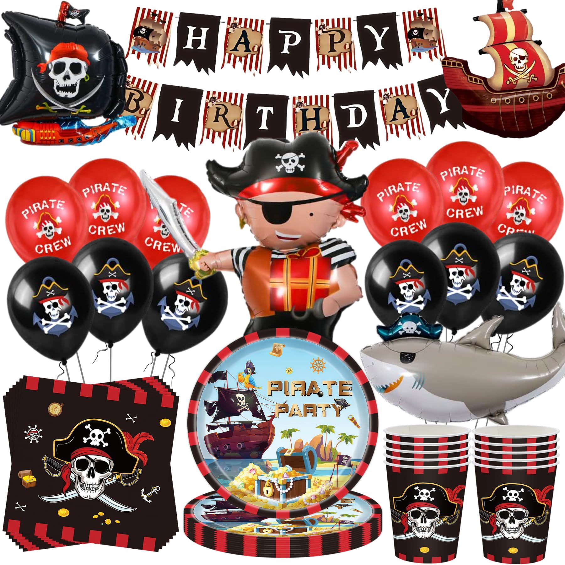 Set de décoration pour anniversaire pirate, 80 pièces - Vaisselle de fête pirate avec grand ballon en feuille pirate, kit d'accessoires de fête, décoration de fête pirate, assiettes en carton pirate