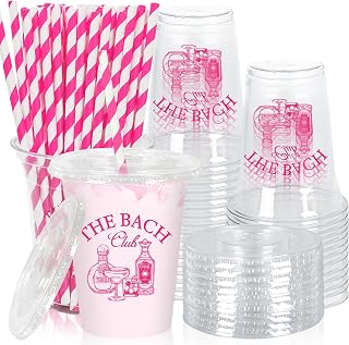 50Pcs Bachelorette Party Plastic Cups with Lids Straws Drinking Cup 12oz Hot Pink Cocktail The Bach Club Disposable Cups for Bachelorette Birthday Party Decoration