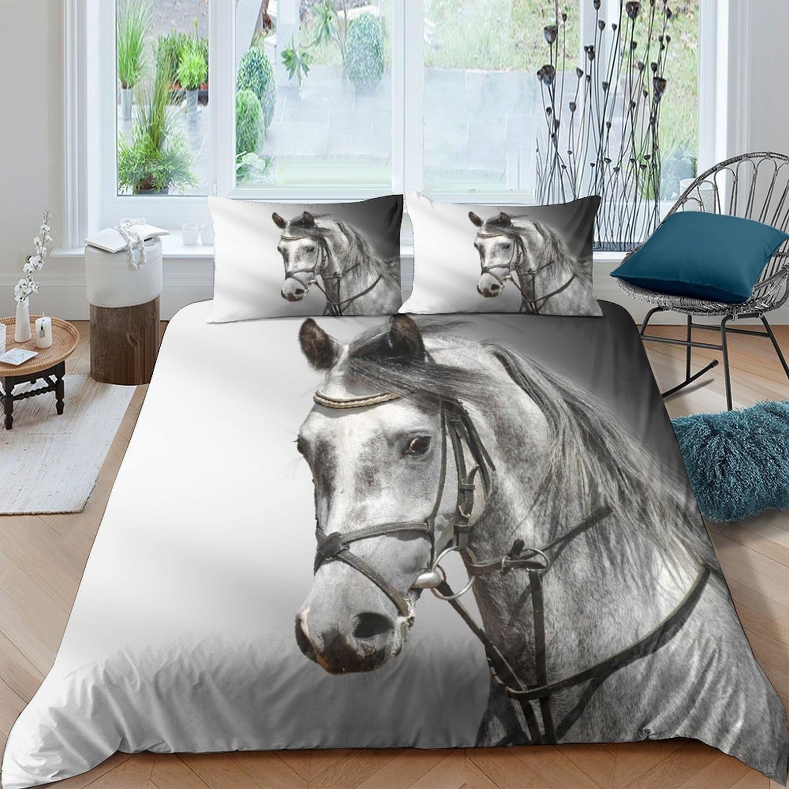 P5V6M1Q9 3D Printed Grey Horse Portrait Duvet Cover Microfiber Soft Breathable White Stallion Bedding Set with 2 Pillowcases for Bedroom Apartment Single（135x200cm）
