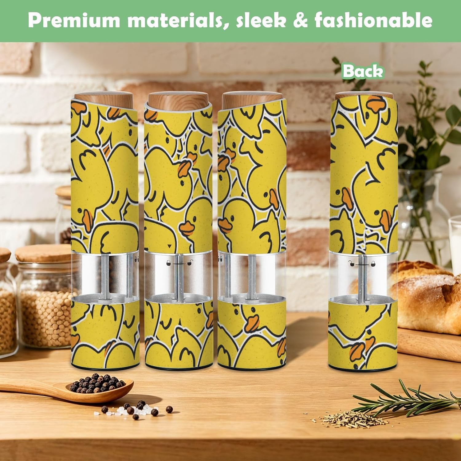 ALAZA Electric Pepper Grinder with Adjustable Coarseness, Cartoon Yellow Duck Cute Animals Battery Automatic Salt and Pepper Mill with Led, One-Handed Operation Spice Grinder for Kitchen, Camping & BB