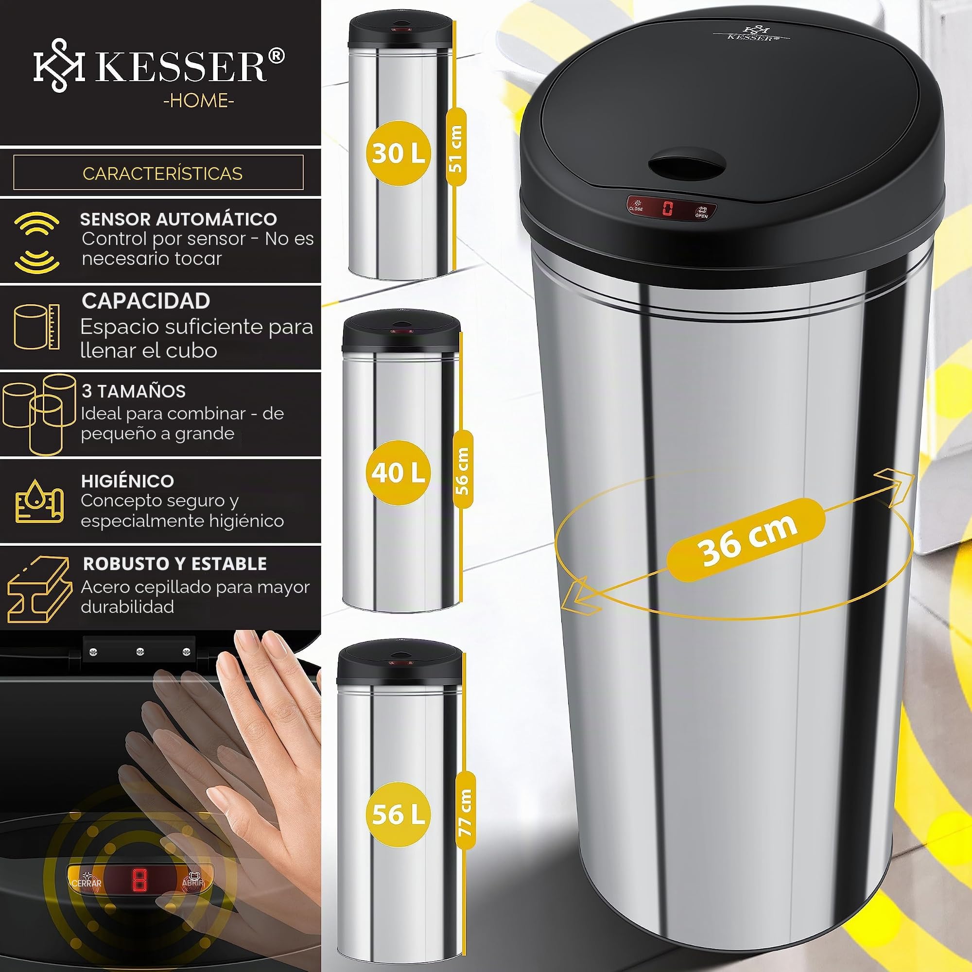 KESSER® Papelera con sensor automático Papelera de ACERO INOXIDABLE