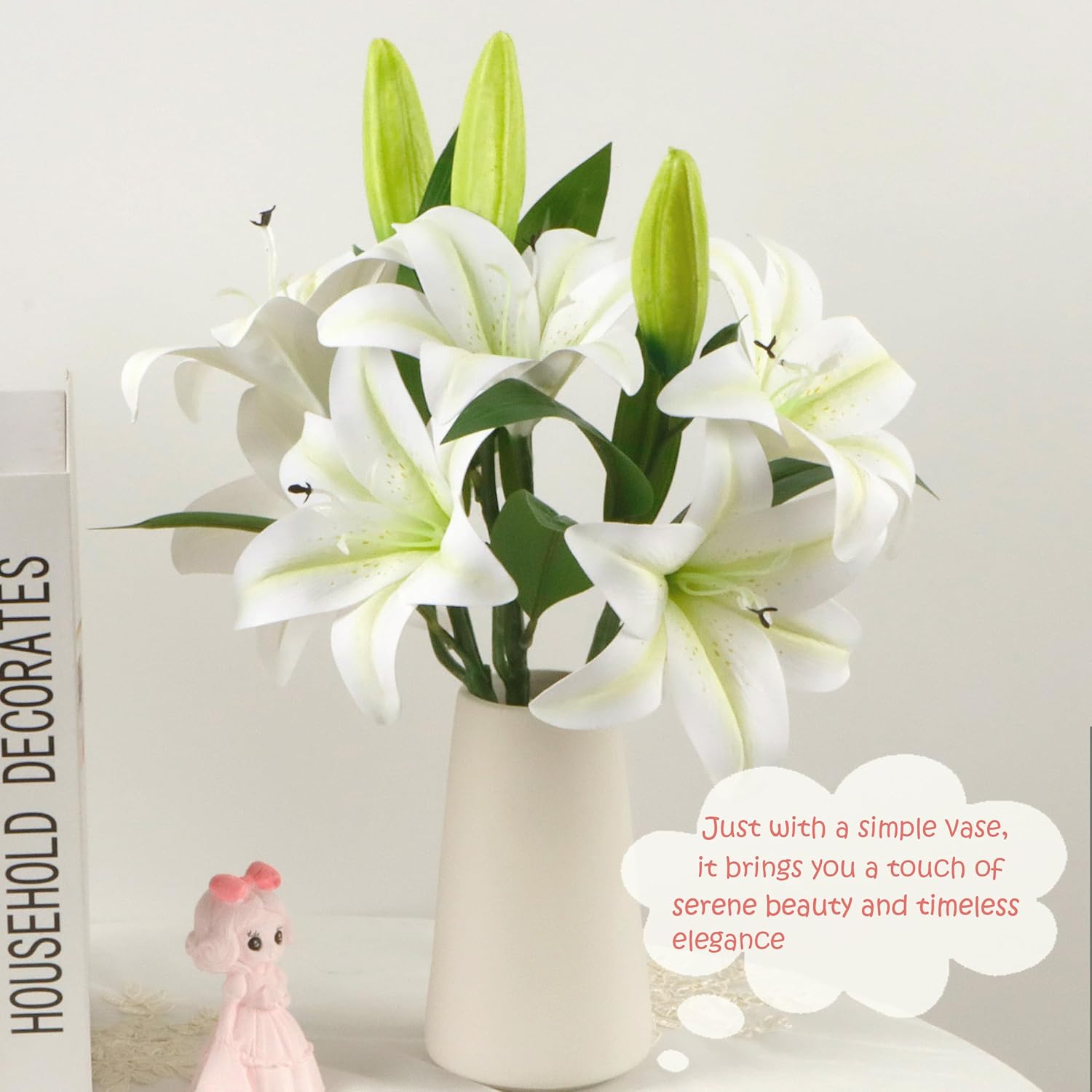 6pcs Tiger Lily Artificial Flowers, 15 Inch Faux Lilies Flower with 2 Blooms and 1 Bud, Latex Real Touch Easter Lily Flowers for Home Décor Centerpiece Wedding Bouquet,White