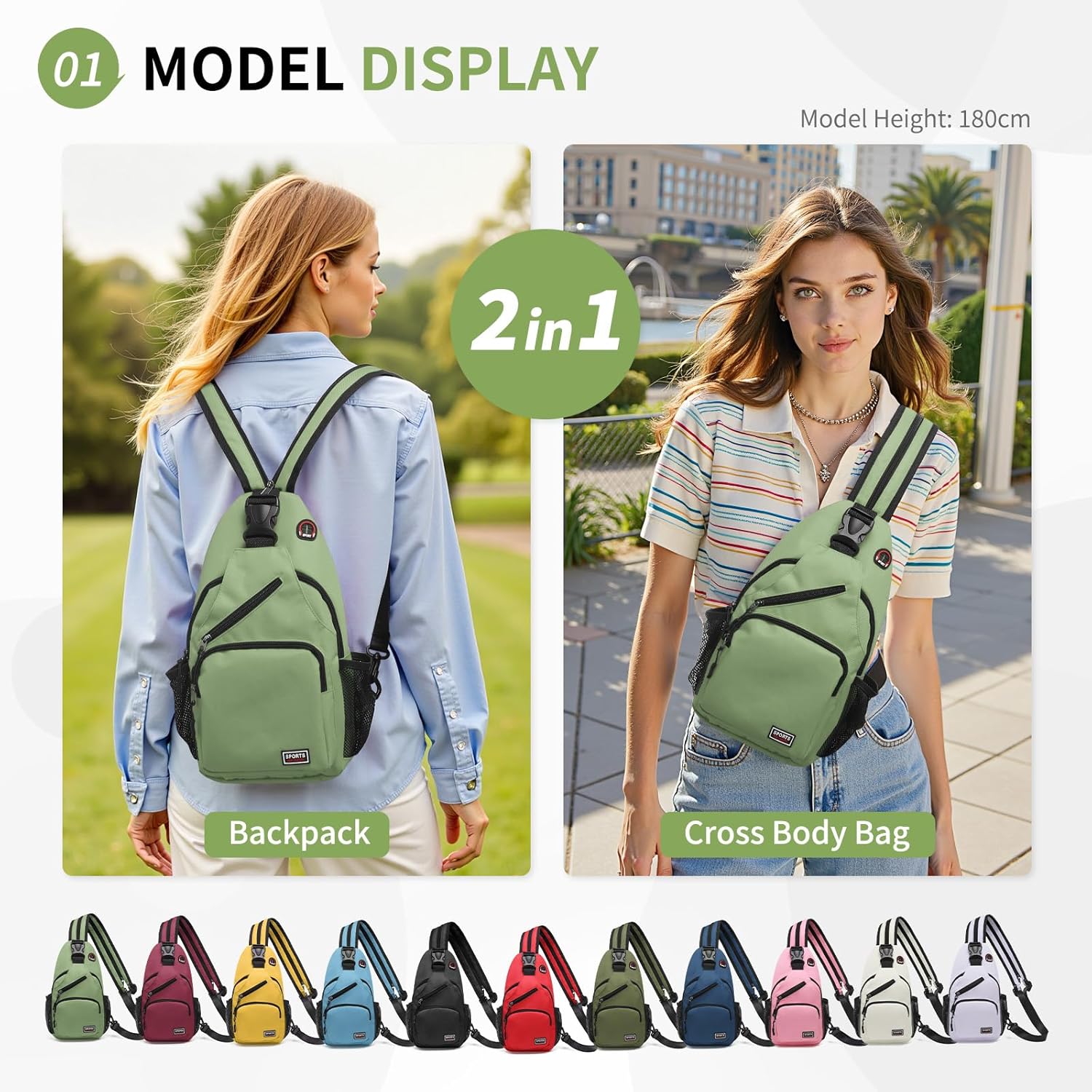 Convertible Sling Bag Crossbody Backpack, 11" Tablet Bags with Headphone Jack Shoulder Bag Casual Pack for Women Men Hiking Travel (Green) - Image 2