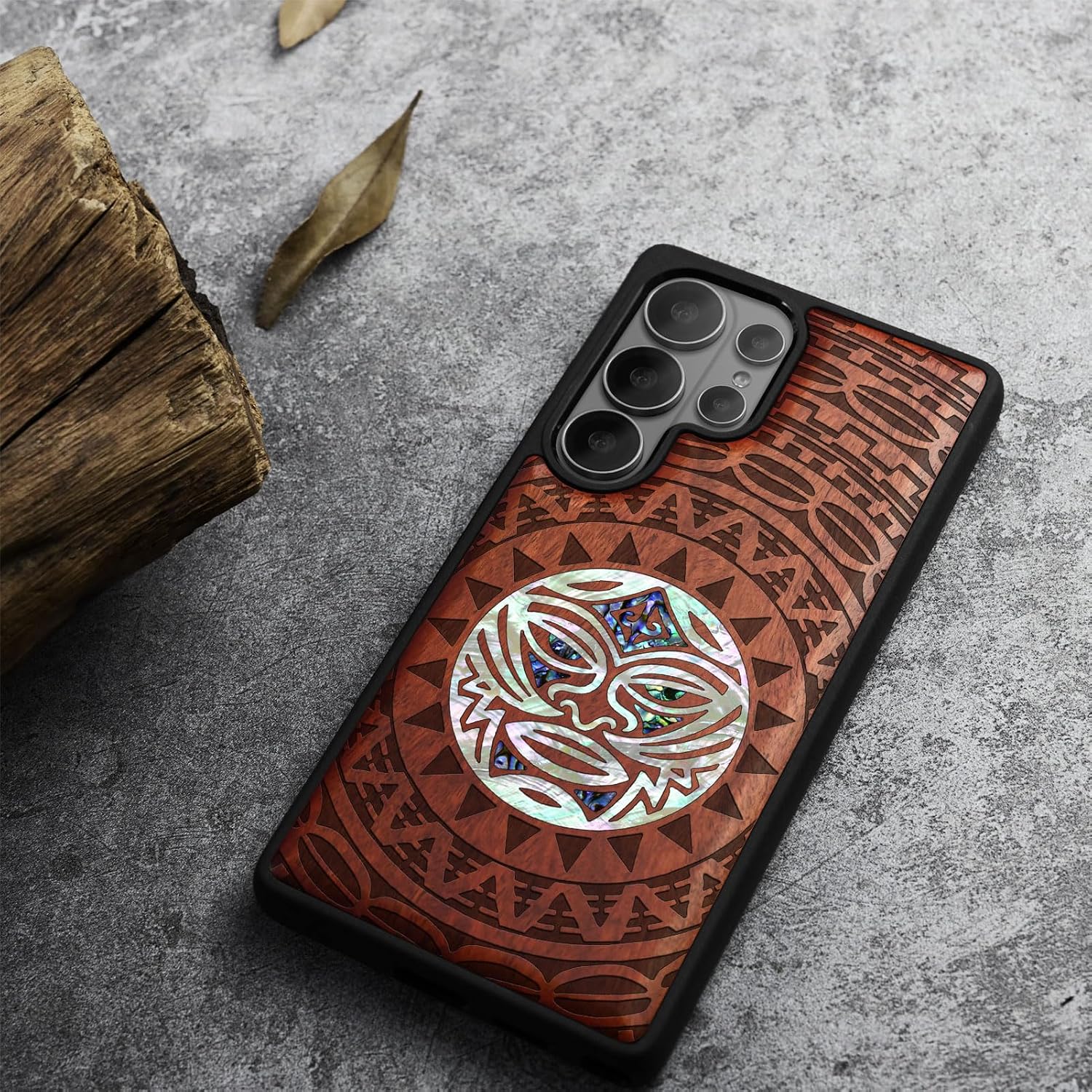 Carveit Magnetic Wooden Case for Samsung Galaxy S26 Ultra Case, Wood Artisan Engraved & Handmade Shell Inlaid, Compatible with MagSafe Wireless Chargers (Maori Moko Mandala) Rosy