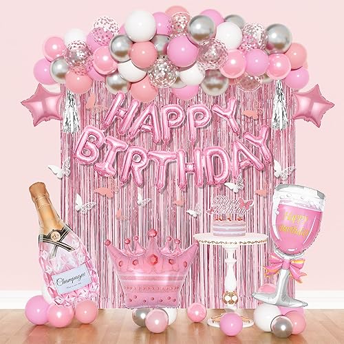 Miniatura 8 de Amandir Decoraciones de fiesta de cumpleaños de oro rosa para mujeres y niñas, globos de aluminio de confeti rosa dorado, mariposa, cortina de