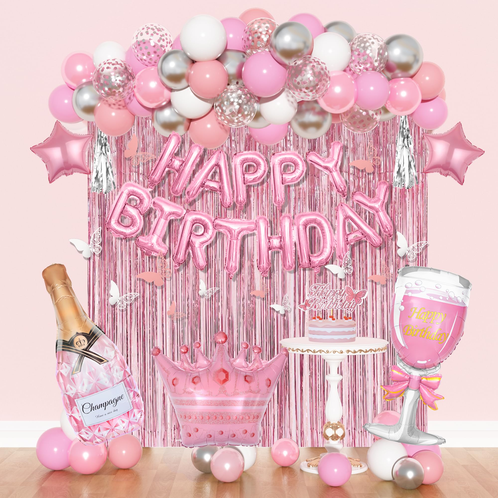 Amandir Pink Birthday Decorations for Women Girls, Silver Pink Confetti Foil Balloons Happy Birthday Banner Butterfly Fringe Curtains Cake Topper for Princess Party Supplies Decor