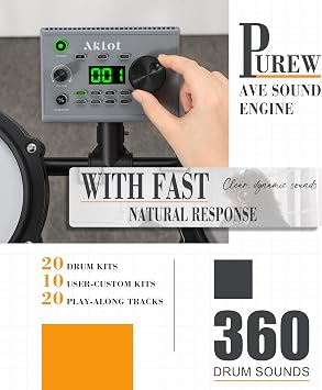 AKLOT Complete Electric Drum Set: 4 Dual-Zone Mesh Pads, Quiet Electronic Drum Set for Beginner with 8'' Snare, 360 Sounds, Choke Cymbals, Throne, Headphone, Stick and Lesson Book, B-CORE530Pro, Black
