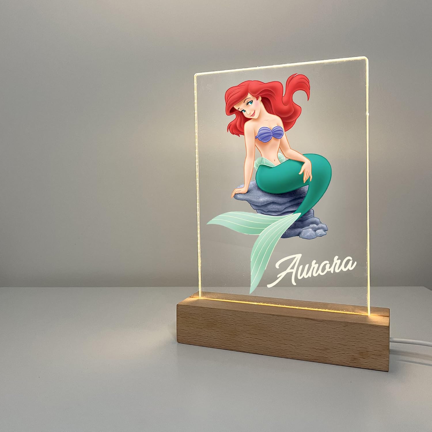 Mermaid Under The Sea Premium Wood Base Stand Soft Night Light Up Table Desk Lamp LED Princess Sign Personalized Free with Your Name On It, Girls Room Decor, A Must Have!