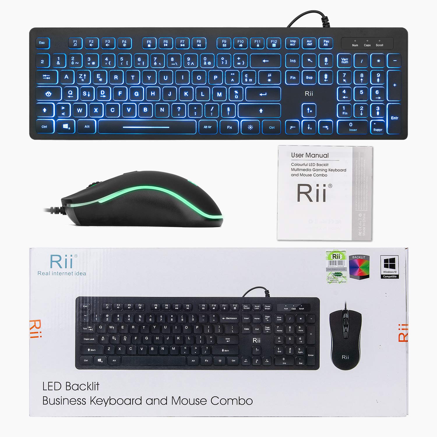 Rii RK105 Ensemble Clavier et Souris USB Rétroéclairé RGB pour Bureau de Domicile/Travail