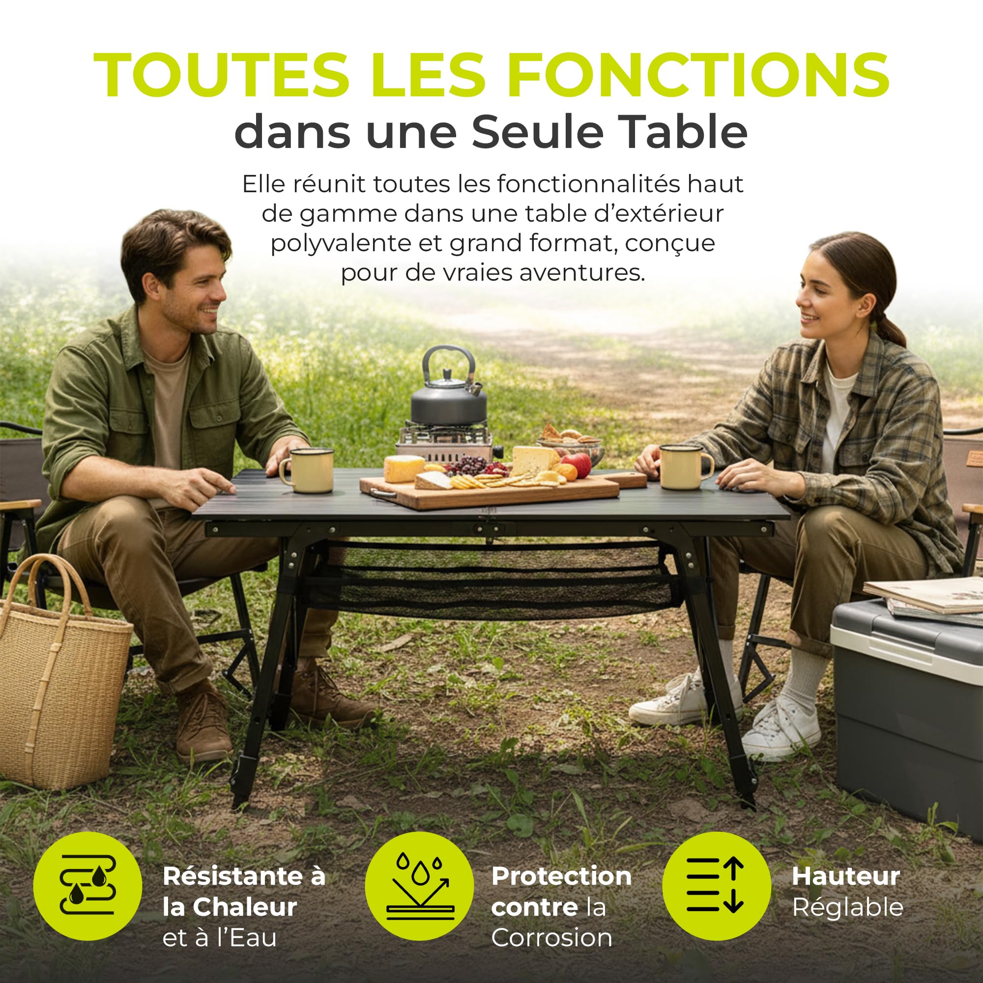 Table de Camping Table Multifonctions Pliante Table Polyvalente ; Table Pliante réglable en Hauteur avec Plateau de Table Enroulable (90x51cm) & Sac de Transport ; supporte jusqu'à 30kg