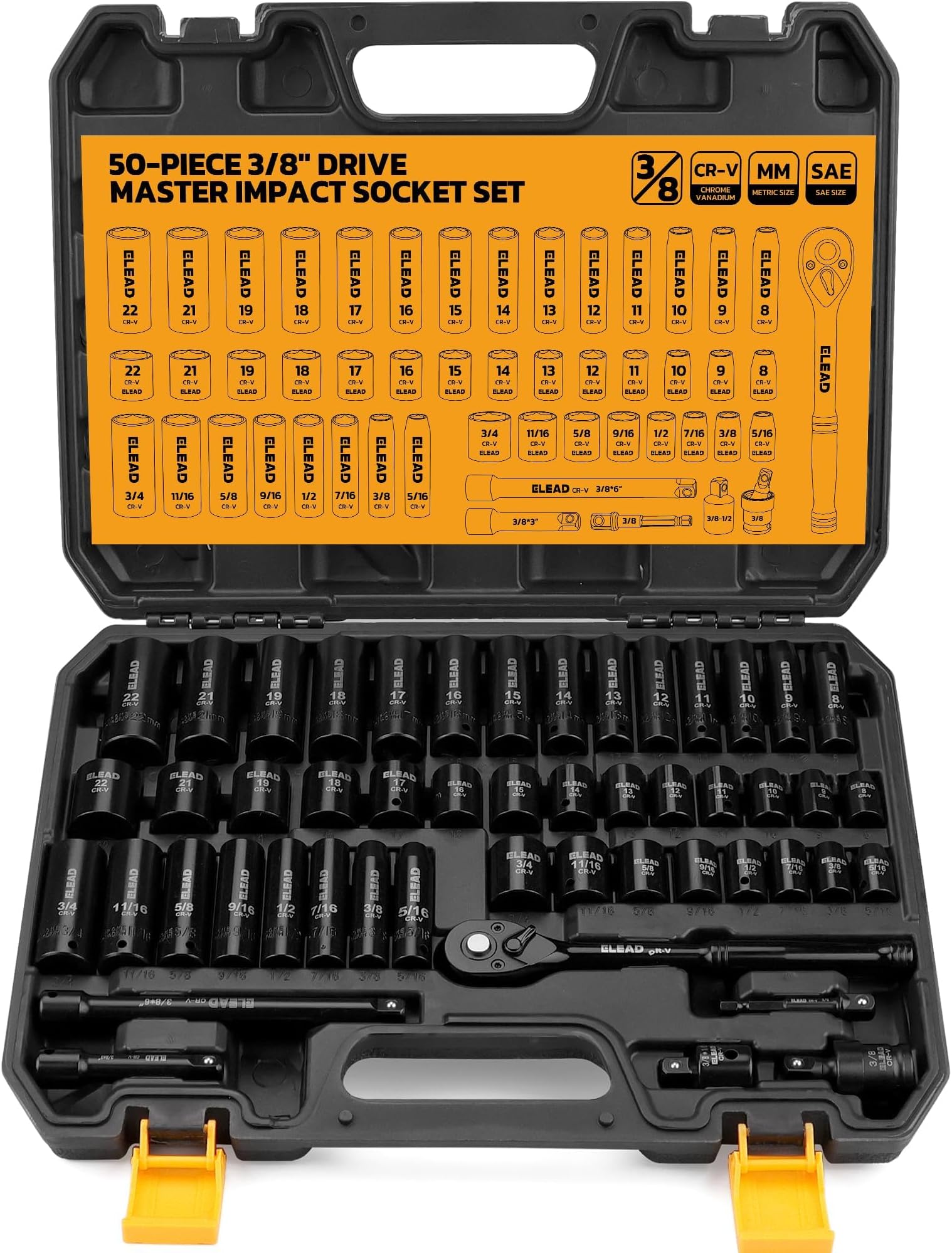 3/8'' Drive Impact Socket Set - 50-Piece Shallow & Deep Socket Set Metric and Standard Full with Universal Joint, Extension Bar, 1/2 to 3/8 Reducer, Hex Shank Socket Adapter, Ratchet Handle
