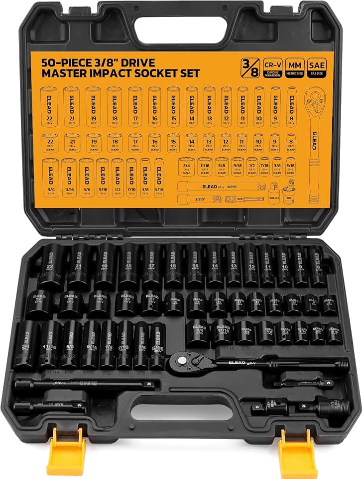 3/8'' Drive Impact Socket Set - 50-Piece Shallow &amp; Deep Socket Set Metric and Standard Full with Universal Joint, Extension Bar, 1/2 to 3/8 Reducer, Hex Shank Socket Adapter, Ratchet Handle