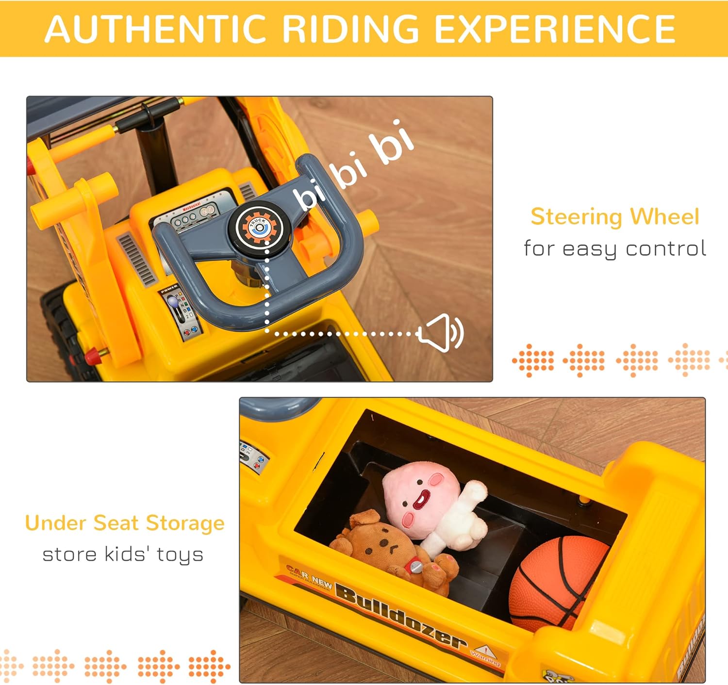 Yellow and Gray Kids Ride-On Bulldozer with Storage