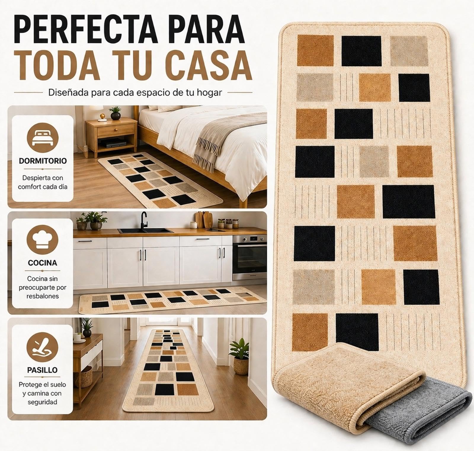 Tapis de cuisine lavable antidérapant - Lot de 2 tapis de cuisine et 2 chiffons en microfibre - Design effet lin - Résistant aux liquides (150 x 45 et 50 x 45 cm)