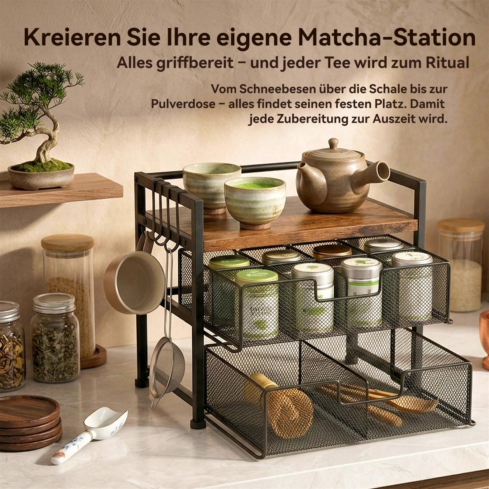 Beslands Teebeutel Aufbewahrung mit 2 Schubladen & 4 abnehmbaren Haken, Tee Organizer mit 8 kleinen + 2 großen Fächern, vielseitige Tee Aufbewahrung für Arbeitsplatte, Kaffeebar & Schreibtisch