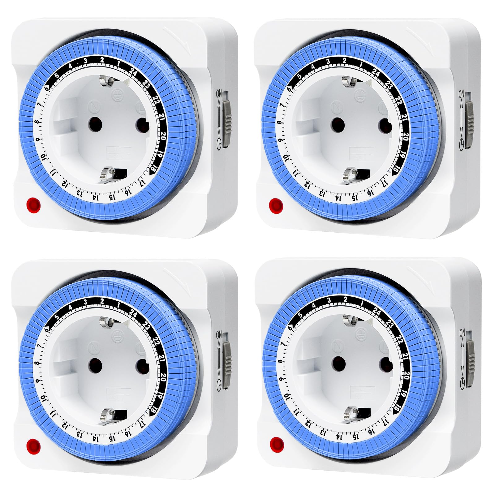 Lot de 4 prises programmables mécaniques - Programme 24 heures - Prise programmable analogique avec 96 segments - Intervalle de commutation de 15 min - Pour éclairage saisonnier, décorations de