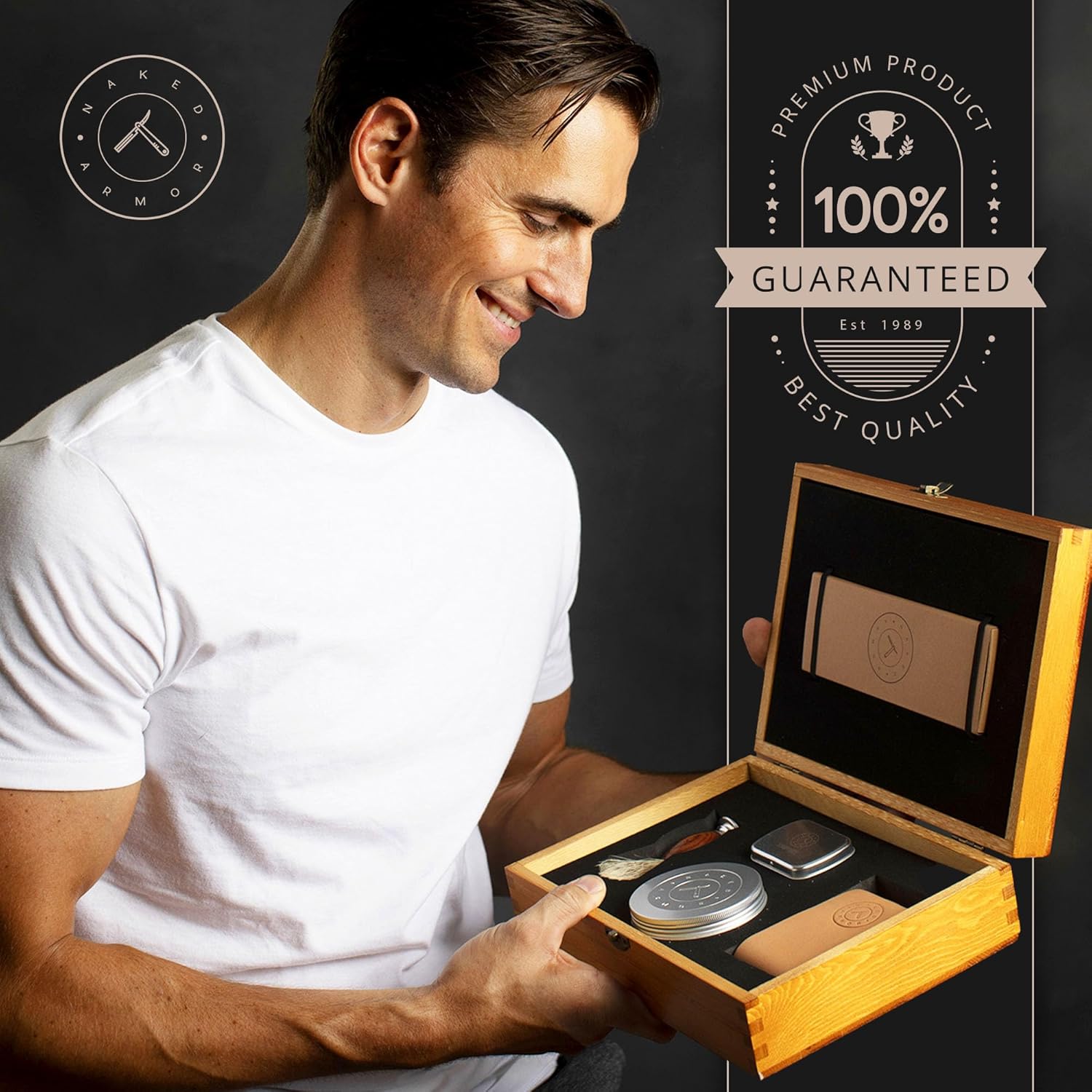 Naked Armor Straight Razor Kit – Solomon Japanese Carbon Steel Blade, Complete Straight Razor Shaving Kit for Men, Shave-Ready, Strop, Brush, Soap & Pine Gift Box Included (Brown)