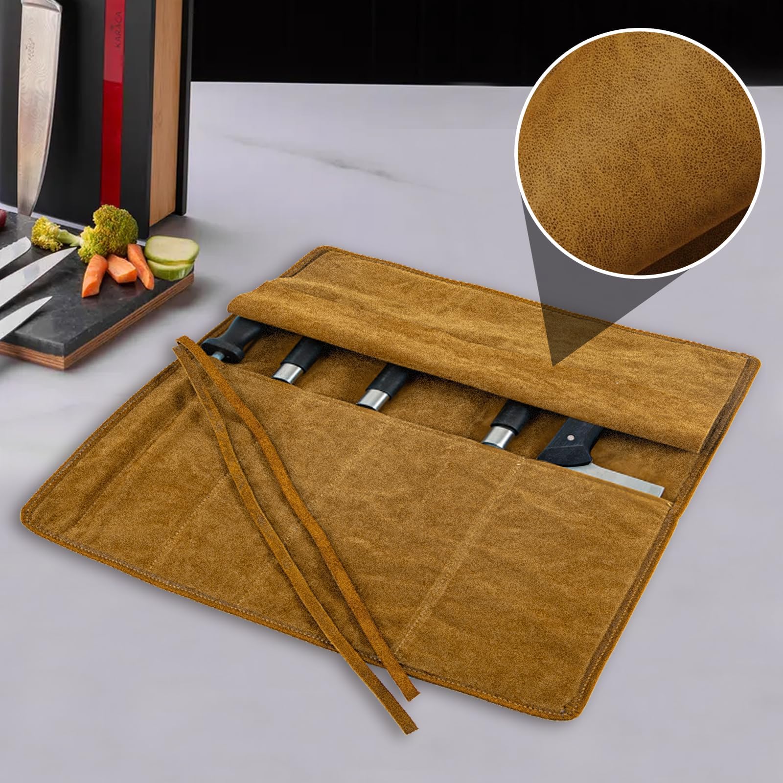 Echtes Leder Messertasche,Messertasche Kochmesser,Tragbare Messer Rolltasche mit 5 Fächern,Koch Messer Tasche,Messerrolle für Camping Wandern,Knife Roll Bag Geschenke für Männer Frauen. (Dunkelbraun)